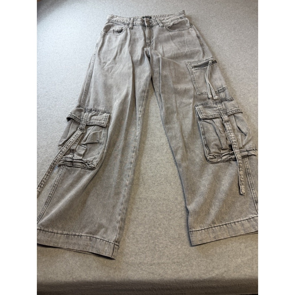 Wild Fable Gray Acid Wash Cargo Jeans Size 0 R Wide Leg Utility Y2K   0124